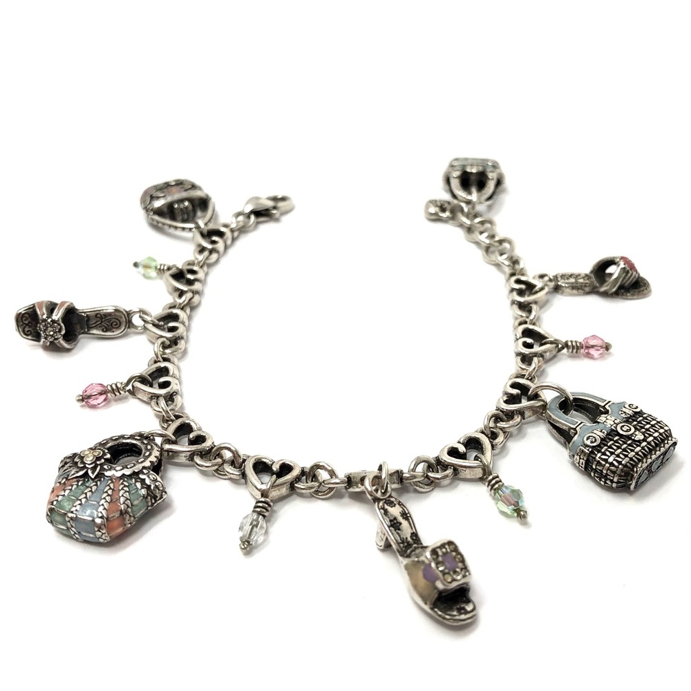 Brighton vintage purse & sandals silver tone charm bracelet w/ enamel & crystals